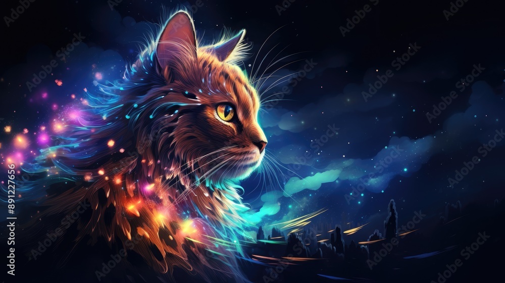 Magical Cat with glowing fur in a starry sky. Magical Cat with glowing fur in a starry sky.