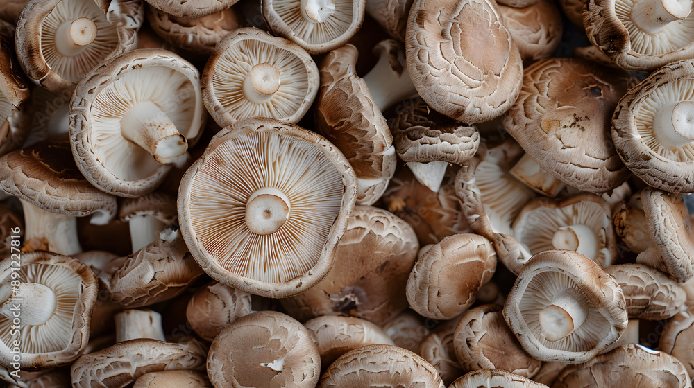 Top view of a large pile of fresh shiitake mushrooms, highlighting their distinctive gills and textured caps. Ideal for culinary, health, and organic food themes. Top view of a large pile of fresh shiitake mushrooms, highlighting their distinctive gills and textured caps. Ideal for culinary, health, and organic food themes.