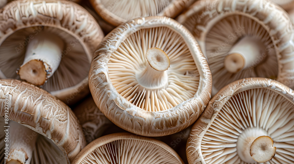 Detailed close-up of shiitake mushrooms focusing on their intricate gills and textured caps. Perfect for themes related to food, nature, and organic ingredients. Detailed close-up of shiitake mushrooms focusing on their intricate gills and textured caps. Perfect for themes related to food, nature, and organic ingredients.