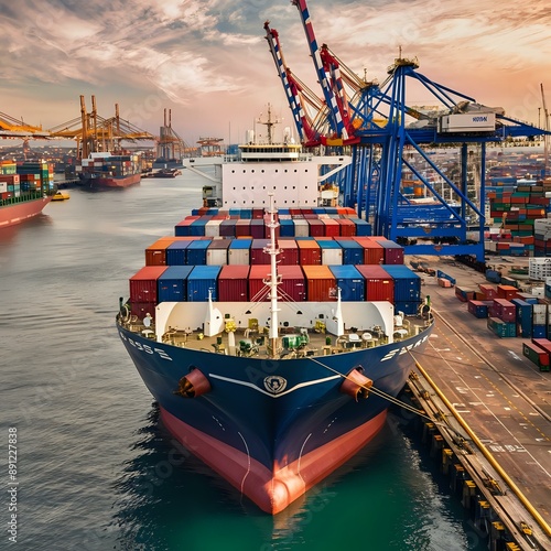 Majestic Cargo Ship Docked at Industrial Port