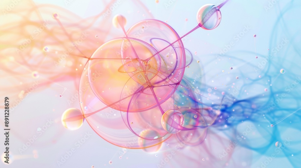 A colorful abstract painting of spheres and lines A colorful abstract painting of spheres and lines