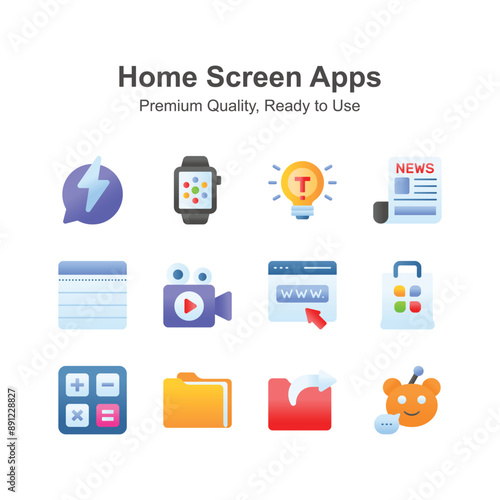 Grab this amazing icons set of mobile apps, home screen applications vectors