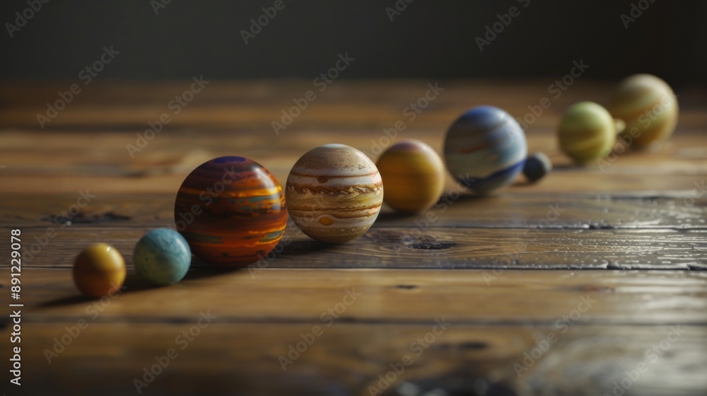 Naklejka premium A row of small, colorful balls arranged on a wooden table