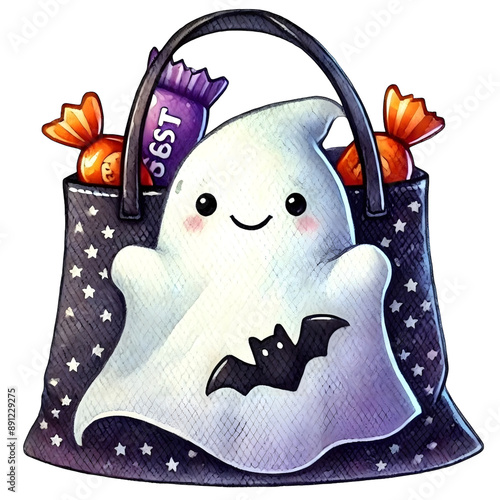 Friendly ghost-shaped trick-or-treat bag with little bat decorations, brimming with sweets. photo