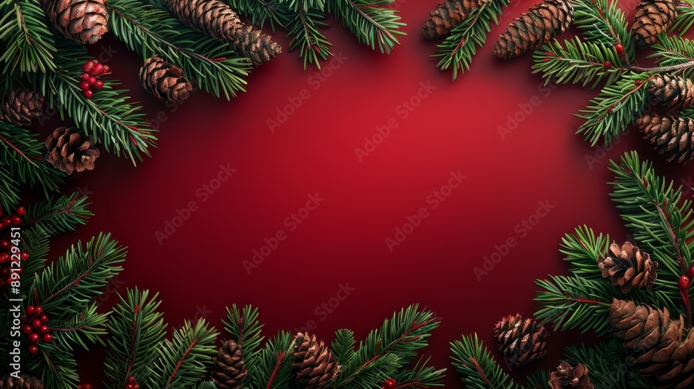Festive Pine Leaves and Cones on Deep Red Background - Holiday Botanical Banner Festive Pine Leaves and Cones on Deep Red Background - Holiday Botanical Banner