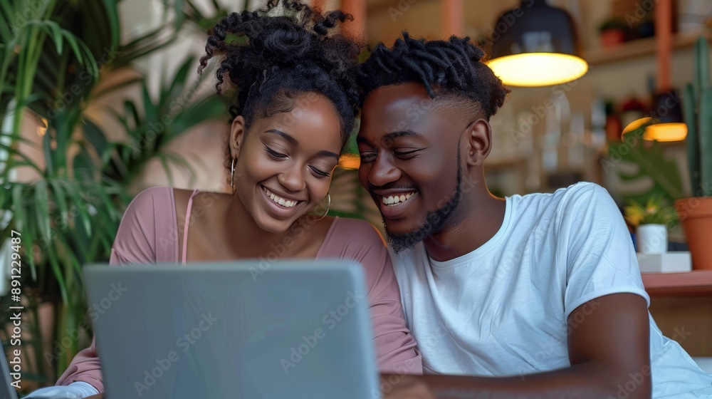 Young couple shopping online with a laptop, smiling and discussing Young couple shopping online with a laptop, smiling and discussing