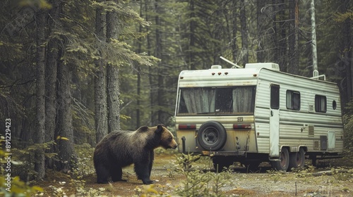 Large black brown bear standing next to a vintage RV camper in the forest. Wildlife encounter with a retro motorhome