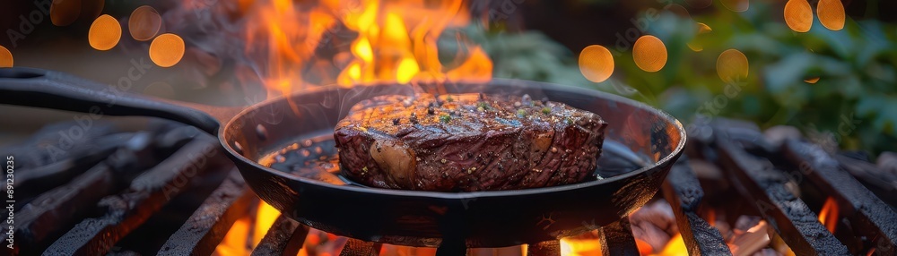 Iron skillet over an open flame, cooking a gourmet steak, outdoor kitchen setting with lush garden, evening light, realistic style, high detail, HDR photography Iron skillet over an open flame, cooking a gourmet steak, outdoor kitchen setting with lush garden, evening light, realistic style, high detail, HDR photography