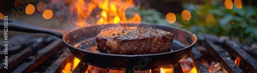 Iron skillet over an open flame, cooking a gourmet steak, outdoor kitchen setting with lush garden, evening light, realistic style, high detail, HDR photography