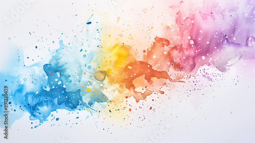 Watercolor background with colorful splashes on white background. Vibrant, fluid, artistic, rainbow and dynamic design for websites, social media graphics, print materials, banner, flyers