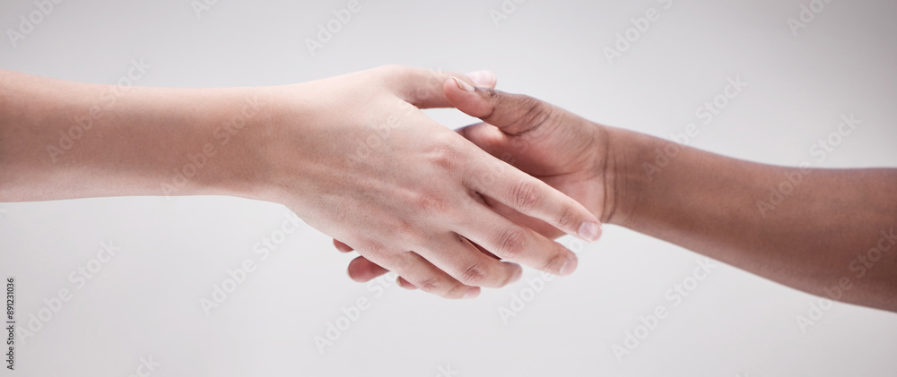 Obraz premium Solidarity, agreement and people shaking hands for diversity, collaboration or respect for social support. Partnership, friends and handshake for peace deal, community connection and introduction.