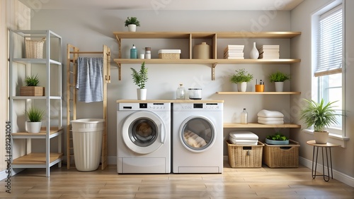 Modern laundry room interior with washing machine and dryer