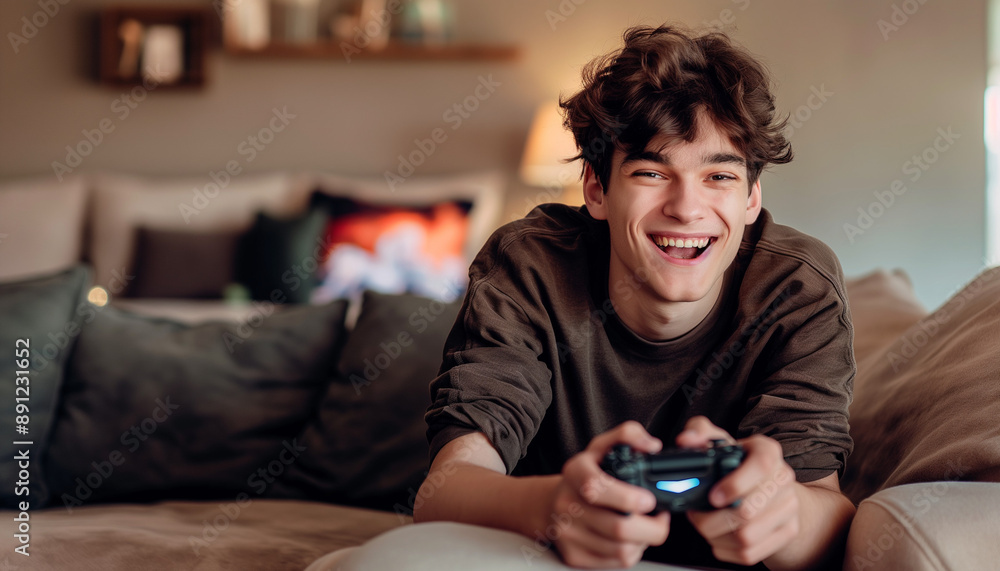 A guy playing video game in the living room, copy space, Generative AI. A guy playing video game in the living room, copy space, Generative AI.