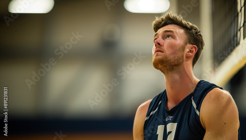 A professional volleyball player thinking, concentrated, copy space, Generative AI.