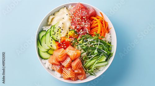 Colorful Poke Bowl with Salmon and Fresh Veggies on a Blue Background, ideal for culinary promotions, health food magazines, and recipe blogs
