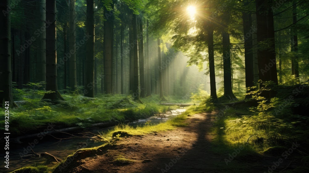 Obraz premium Sunbeams illuminate a forest path.