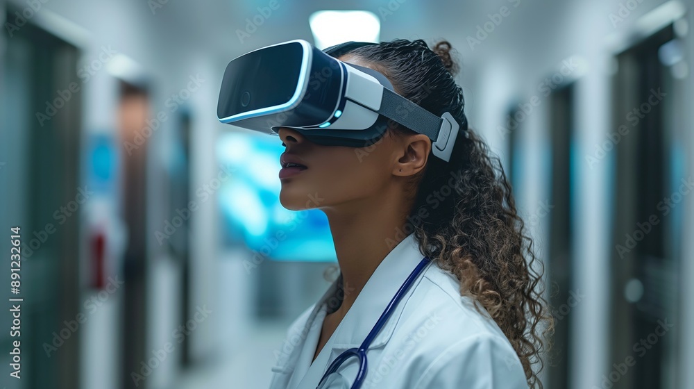 Female Doctor Wearing VR Glasses in Hospital Corridor Female Doctor Wearing VR Glasses in Hospital Corridor