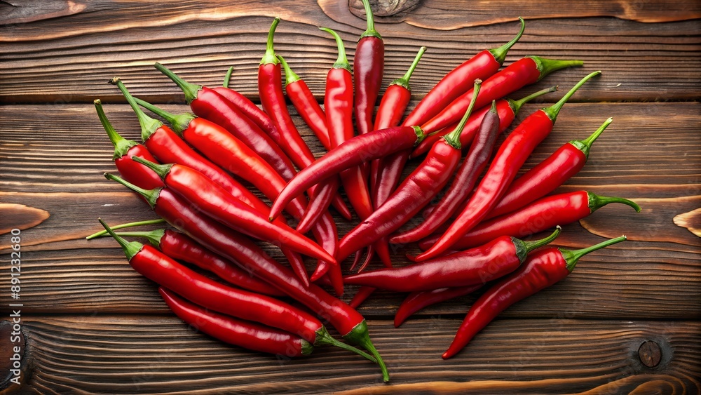 Red chili peppers scattered on rustic wooden table Red chili peppers scattered on rustic wooden table
