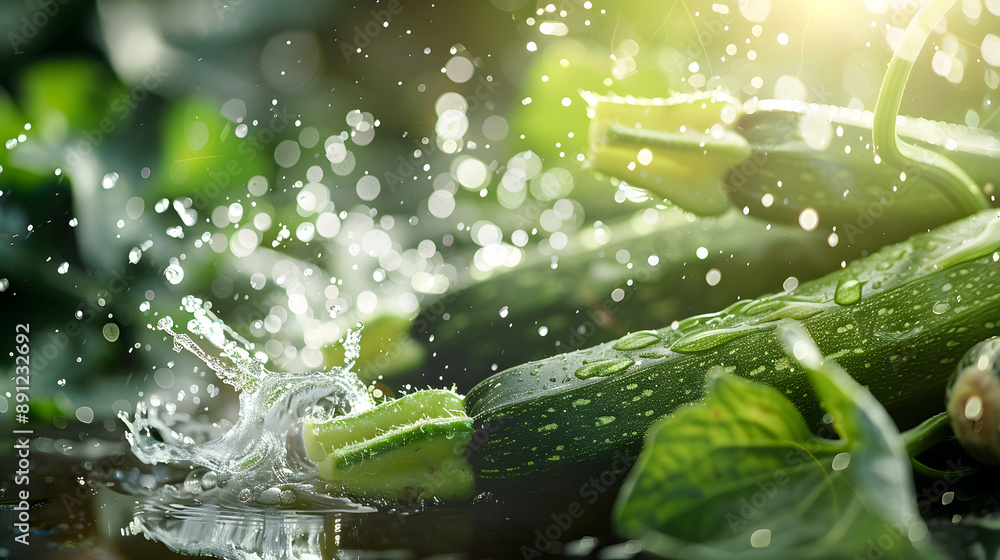 Close-up of fresh zucchinis being washed with splashing water under bright sunlight, capturing their freshness and vibrant green color, perfect for themes related to farming and organic produce. Close-up of fresh zucchinis being washed with splashing water under bright sunlight, capturing their freshness and vibrant green color, perfect for themes related to farming and organic produce.