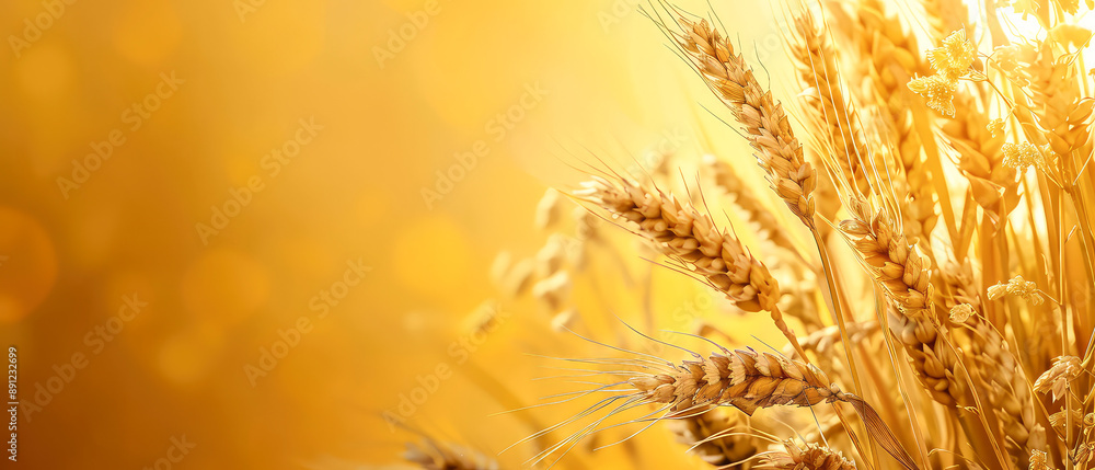Harvest festival concept. Fall mockup with golden dry wheat, grain, herbs on yellow background. Lammas day composition. Autumn Layout with copy space. Generative ai	