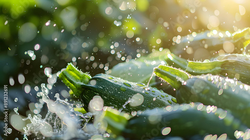 Close-up of fresh zucchinis being washed with water splashes in bright sunlight, highlighting their freshness and vibrant green color, ideal for themes related to farming and organic produce