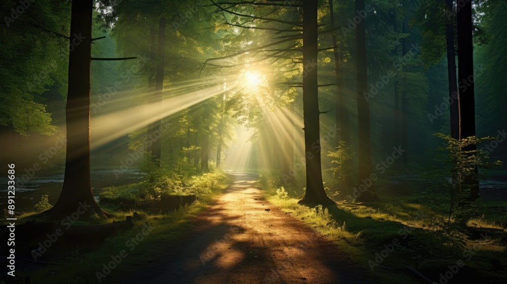 Naklejka premium Sunbeams through trees in a misty forest.