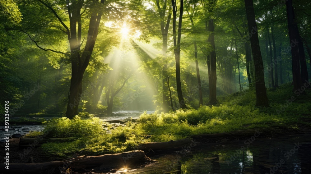 Obraz premium Sunlight streaming through a lush forest.