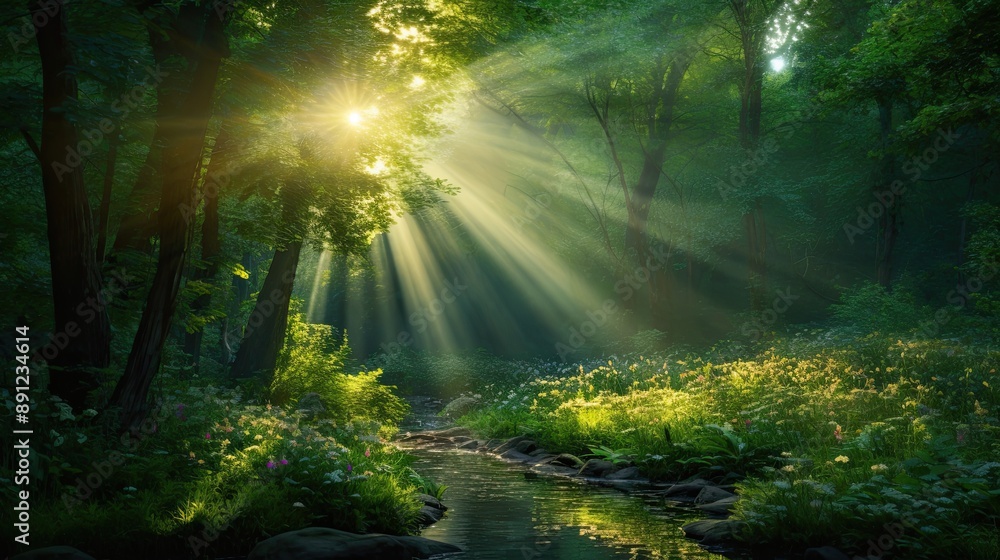 Sunbeams through the trees illuminating a woodland stream. Sunbeams through the trees illuminating a woodland stream.