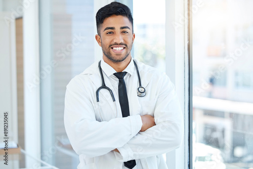 Man, doctor and smile for healthcare, portrait or online for testing lab results for patient. Medical, research or happy of female person for report on treatment, medicine or internet for information