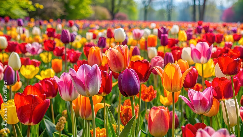 Colorful tulips blooming in a sunny spring garden Colorful tulips blooming in a sunny spring garden