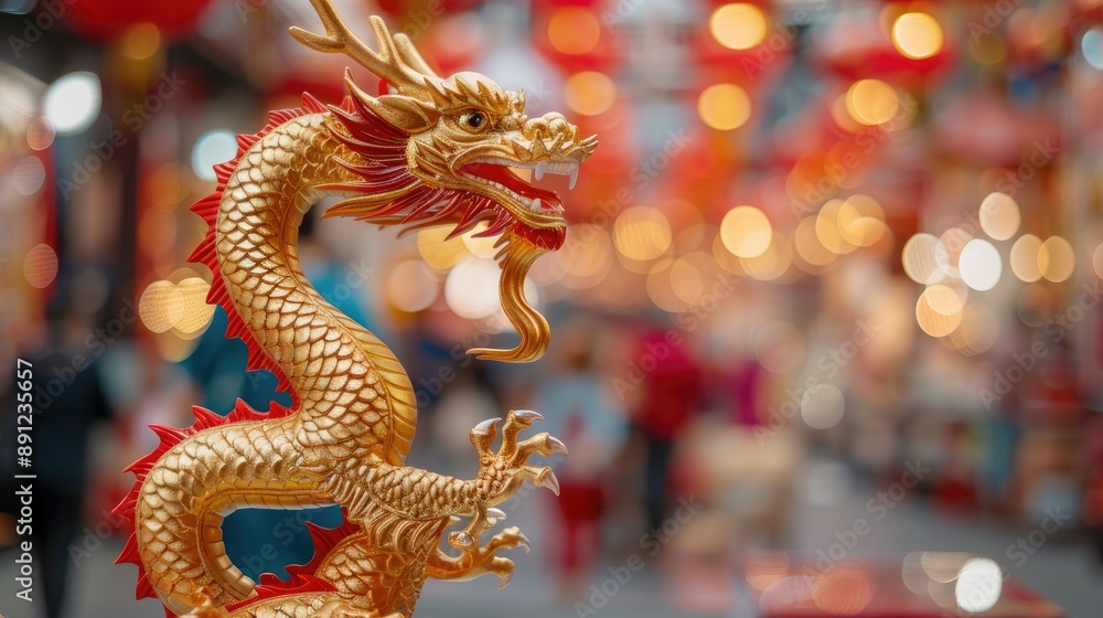 Red and gold Chinese dragon statue, symbolizing prosperity and strength, set in a bustling market Red and gold Chinese dragon statue, symbolizing prosperity and strength, set in a bustling market