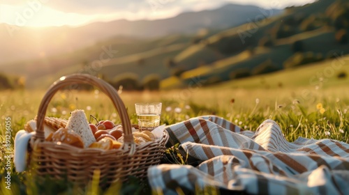 Fototapeta Naklejka Na Ścianę i Meble -  Summer picnic setup with a blanket, basket, and delicious food, set in a picturesque meadow