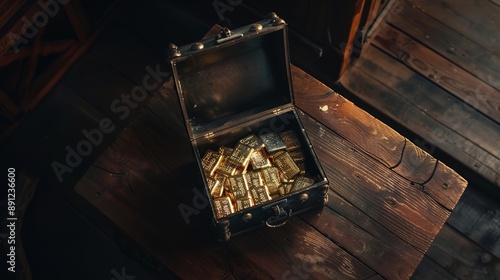 Open Metal Chest Filled with Gold Ingots on a Wooden Table, Viewed from Above, Set in an Old West Era Home, Evoking a Sense of Historical Riches and Frontier Adventure photo