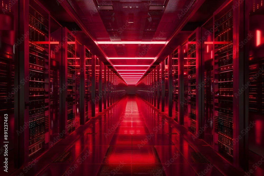Fototapeta premium Futuristic data center hallway with red lights and endless rows of server racks