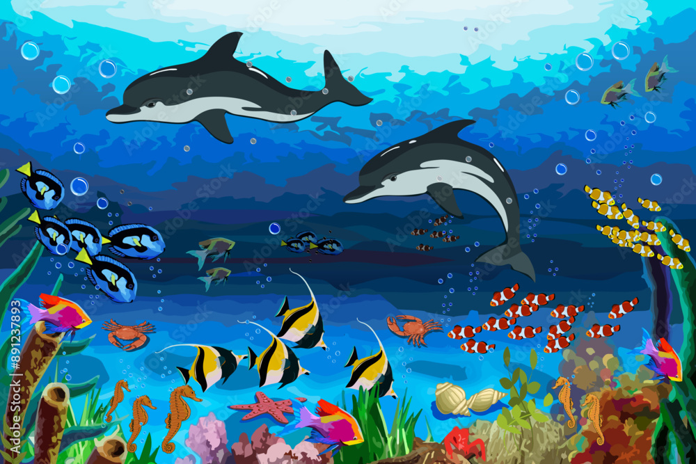 Obraz premium Vector illustration with dolphins.Underwater world landscape with flora and fauna in color vector illustration.