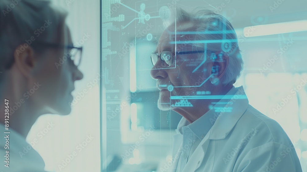 Concept of healthcare and biotechnology. Scientists analyzing data on a digital screen in a modern lab, symbolizing healthcare innovation and research. Concept of healthcare and biotechnology. Scientists analyzing data on a digital screen in a modern lab, symbolizing healthcare innovation and research.