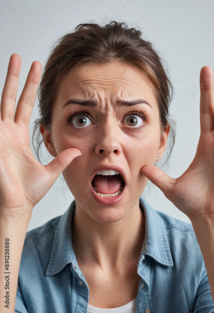 Fear: Terrified expression, hands raised in defense. Fear: Terrified expression, hands raised in defense.