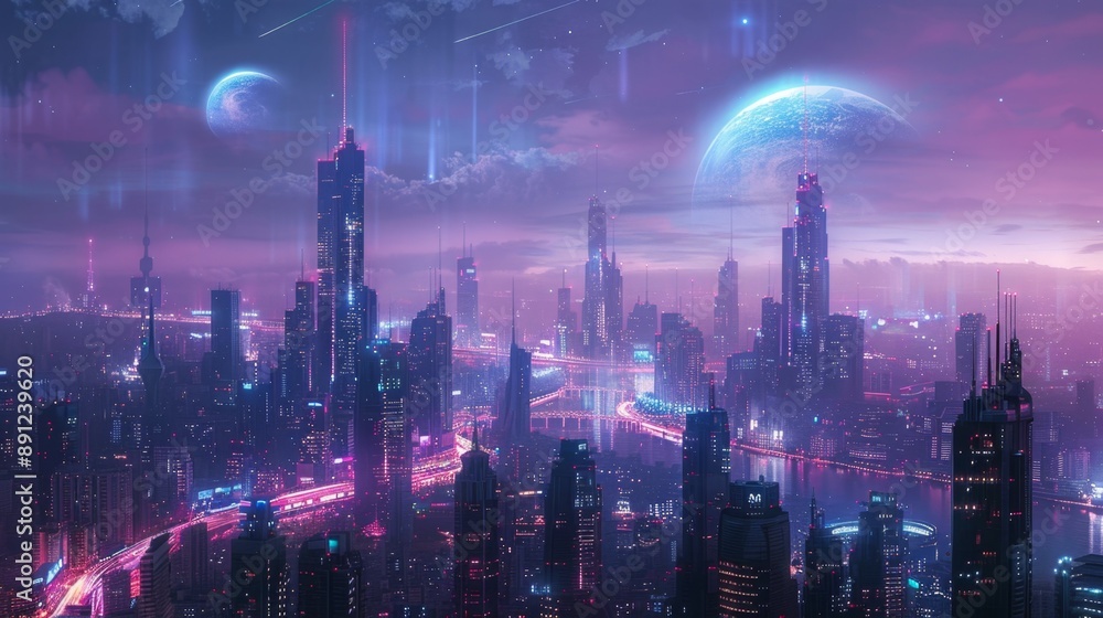 Fototapeta premium Neon Nights: Futuristic Cityscape with Glowing Skyscrapers and Distant Planets in Realistic Scene