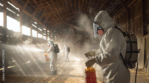 Avian Flu Prevention: Hazmat-Suited Workers Disinfecting Farm for Safety