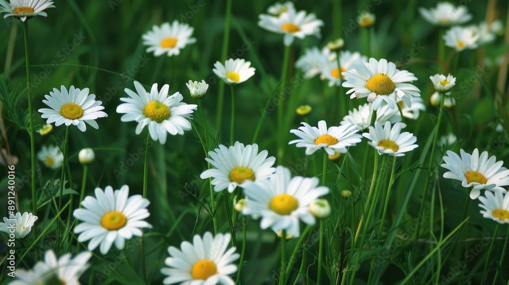 Many white daisies in lush summer meadow up close Many white daisies in lush summer meadow up close