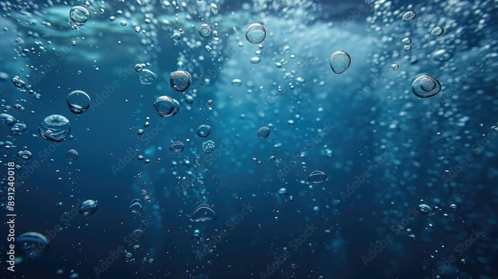 Many bubbles emerge from the deep blue ocean floor Many bubbles emerge from the deep blue ocean floor