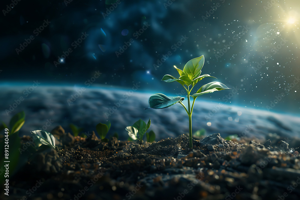 Illustration of a single plant growing in space, featuring a futuristic setting with stars and galaxies in the background, symbolizing life and growth beyond Earth. Illustration of a single plant growing in space, featuring a futuristic setting with stars and galaxies in the background, symbolizing life and growth beyond Earth.