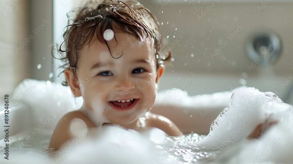 A joyful baby is enjoying a bathtime, surrounded by bubbles and foam. A joyful baby is enjoying a bathtime, surrounded by bubbles and foam.