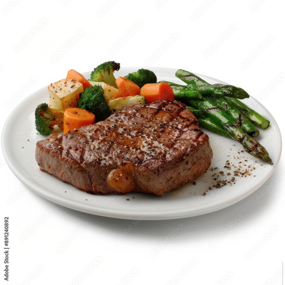 A perfectly seared steak with side vegetables, classic meal, realistic, isolated on white background A perfectly seared steak with side vegetables, classic meal, realistic, isolated on white background