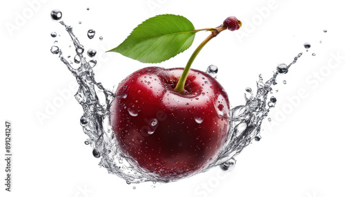 Fresh, red cherry splashes into water isolate on transparent background, cutout, png