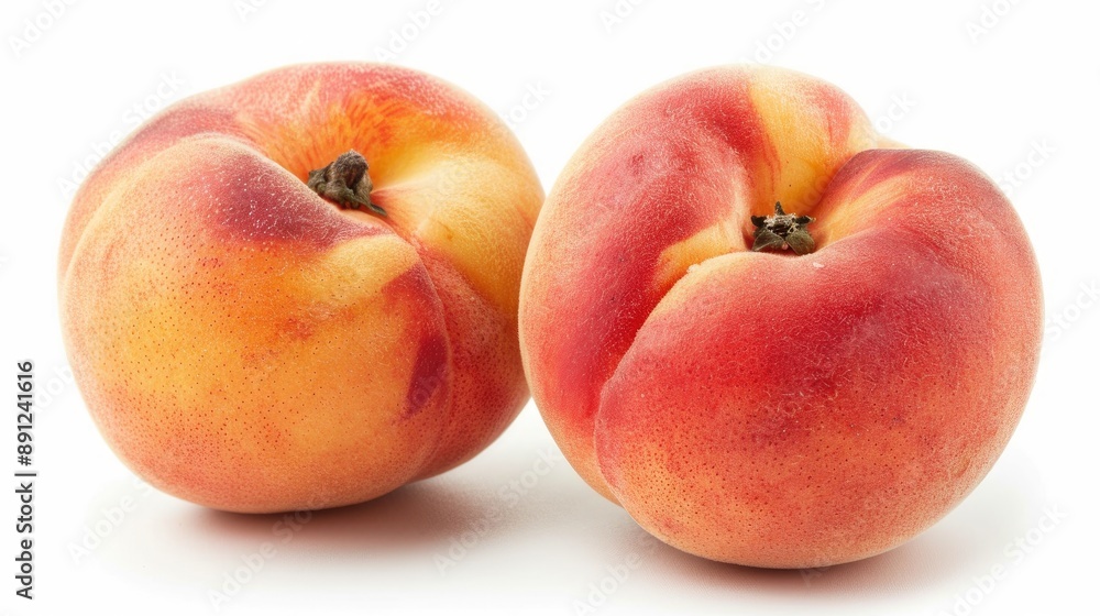 Macro image of two donut peaches on a white background using focus stacking Macro image of two donut peaches on a white background using focus stacking