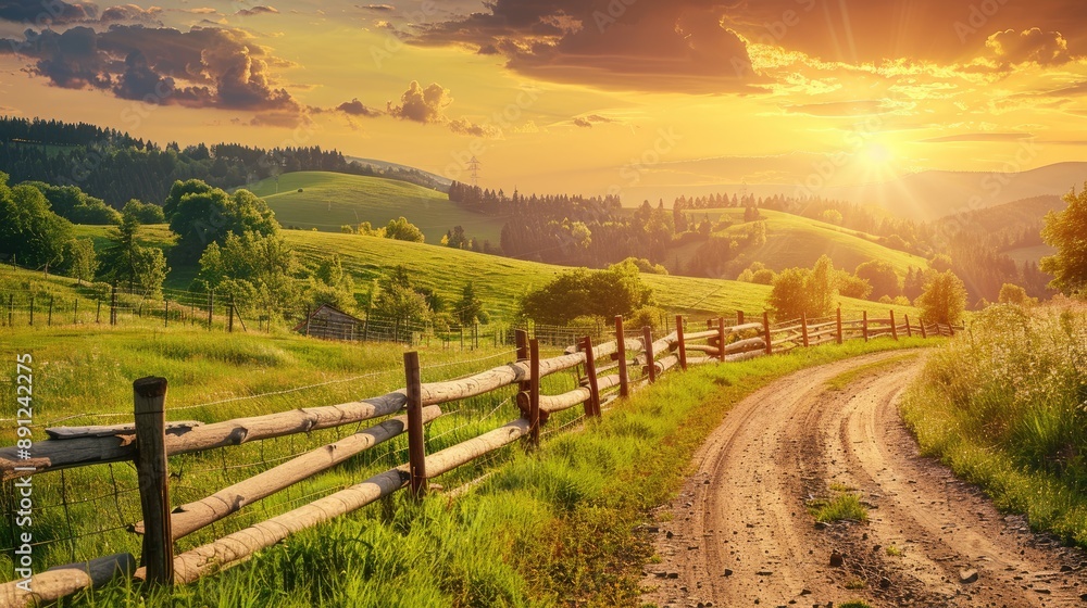 Sunrise illuminating a rural road, wooden fence along the path, with green hills and meadows. Summer landscape Sunrise illuminating a rural road, wooden fence along the path, with green hills and meadows. Summer landscape