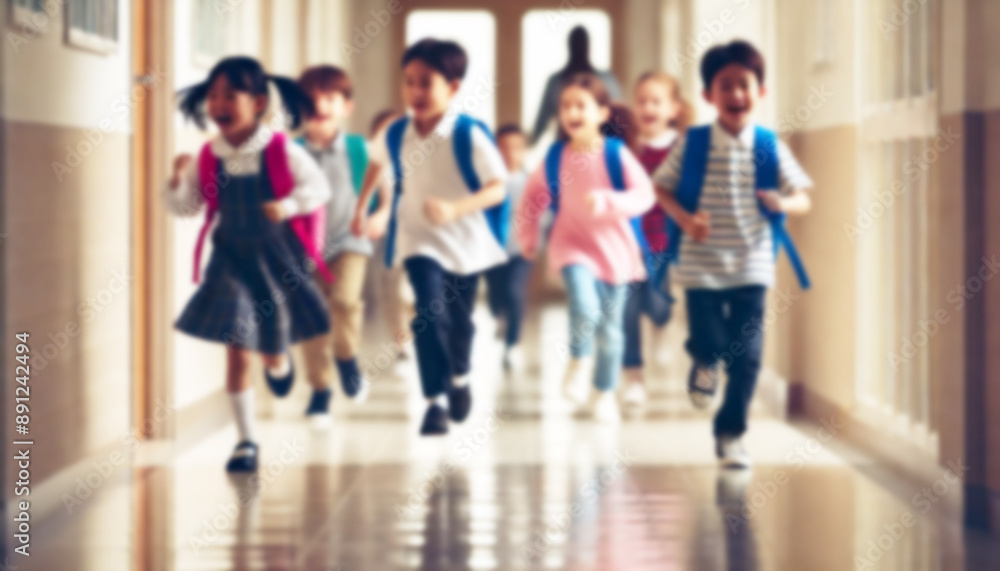 Blurred children running down the hallway of school Blurred children running down the hallway of school