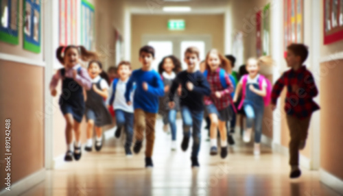 Blurred children running down the hallway of school