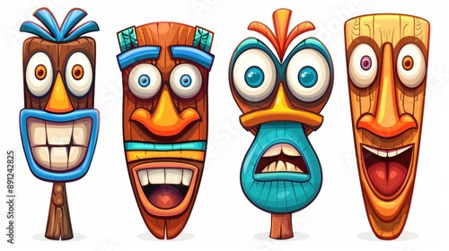 Colorful cartoon tiki mask set with Hawaiian vibes. Modern tribal wooden totems on white background.
